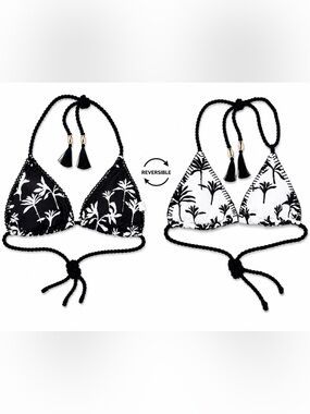 NWT Cosita Linda Reversible Triangle Bikini Top M Black White Tropical MSRP $70